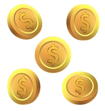 Beyaz zemin üzerine altın dolar paraları set vektör tasarımı