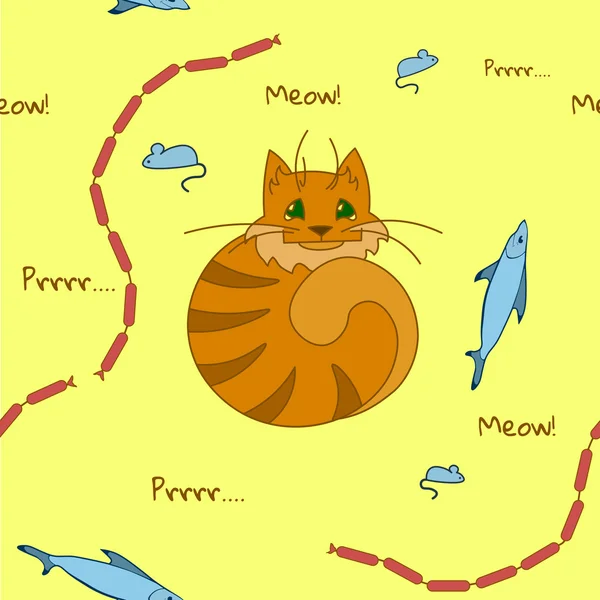 Kediler en sevdiği yiyecekler - balık, fare ve Sarı zemin üzerine sosis kümesiyle şirin seamless modeli