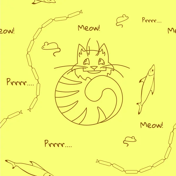 Kediler en sevdiği yiyecekler - balık, fare ve Sarı zemin üzerine sosis kümesiyle şirin seamless modeli