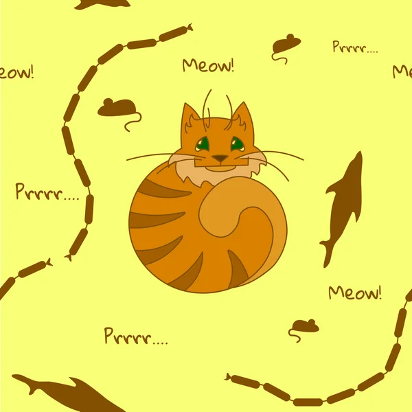 Kediler en sevdiği yiyecekler - balık, fare ve Sarı zemin üzerine sosis kümesiyle şirin seamless modeli