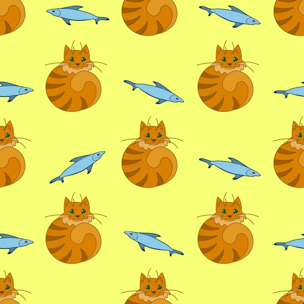 Söta seamless mönster med katter och fiskar på gul bakgrund — Stock vektor