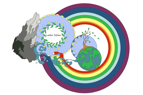 Gökkuşağı, rock, dalgalar, gezegen, ağaç ve yaprak ile süs kompozisyon