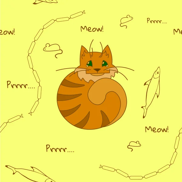 Kırmızı kedi ve en sevdiği yemek - balık, fareler, sosis soluk arka plan üzerinde şirin desen. 