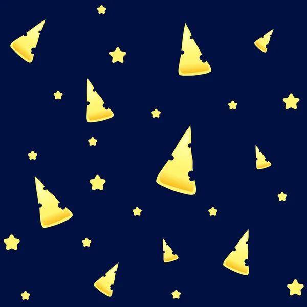 Bright seamless pattern with stars and delicious slices of cheese in a cartoon or doodle style. Saturated background for design of printed materials and web design themes of culinary and restaurant.