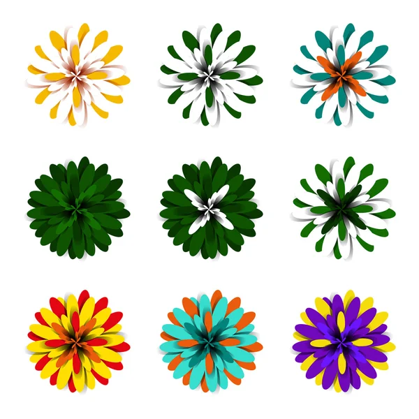 Bright fluffy volumetric floral elements with multicolored petals, pompons suited for flower and floral themes, web design. Objects made in shades of green, yellow, orange, red, blue and purple colors