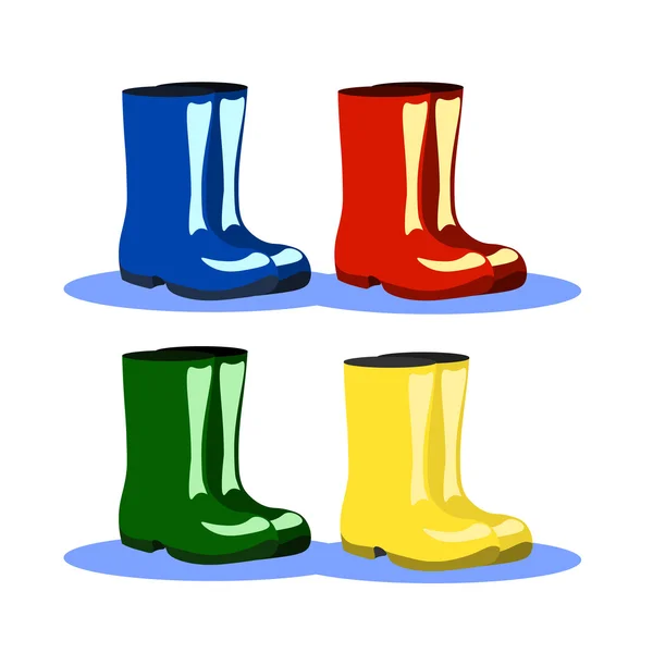 Set of bright colorful rainboots in blue, red, yellow and green colors. Vector illustration.