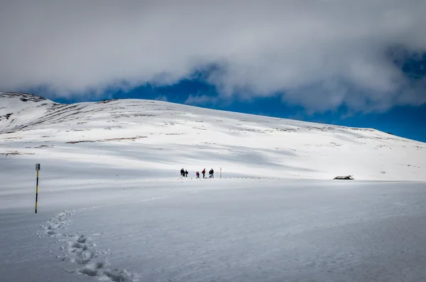 산에 겨울 풍경입니다. 등산객의 그룹. — 스톡 사진