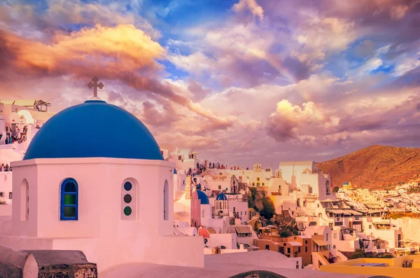 Oia Town Santorini Cyclade Islands Greece Beautiful Sunset Rainbow Vilage Stock Photo