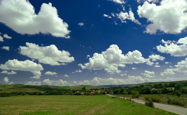 Campo verde y cielo azul con nubes claras — Foto de Stock