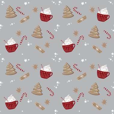 Kusursuz bir Noel modeli. Bayram ikonlarının vektör seti: Noel süsleri, zencefilli kurabiye ve rahat bardak. İskandinav tarzı el çizimi.