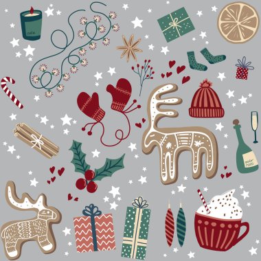 Kusursuz bir Noel modeli. Bayram ikonlarının vektör seti: Noel süsleri, zencefilli kurabiyeler, mumlar, hediye, kışlık kıyafetler, mum. İskandinav tarzı el çizimi.