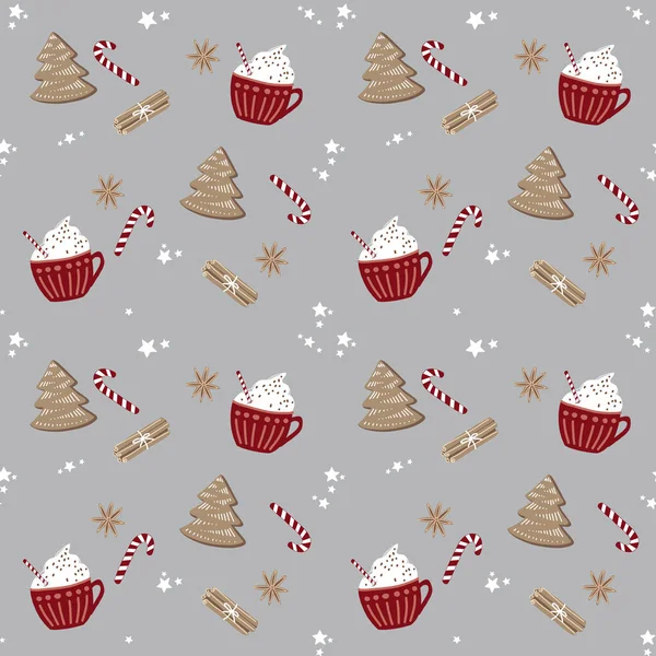 Kusursuz bir Noel modeli. Bayram ikonlarının vektör seti: Noel süsleri, zencefilli kurabiye ve rahat bardak. İskandinav tarzı el çizimi.