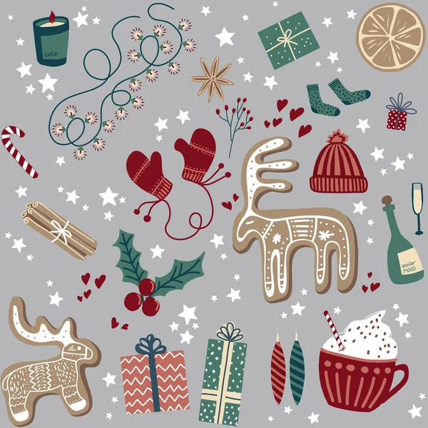 Kusursuz bir Noel modeli. Bayram ikonlarının vektör seti: Noel süsleri, zencefilli kurabiyeler, mumlar, hediye, kışlık kıyafetler, mum. İskandinav tarzı el çizimi.