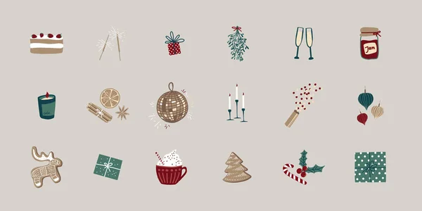 Noel partisi unsurları. Bayram ikonları: zencefilli kurabiye, mumlar, hediye, disko topu, konfeti, şeker, şampanya. İskandinav tarzı el çizimi.