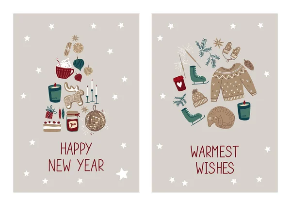 Collection de jolies cartes de voeux ou affiche pour bonne année. Symboles de vacances : vêtements, biscuits au pain d'épice, bougies, cadeaux, bonbons. Style scandinave dessin à la main. — Image vectorielle