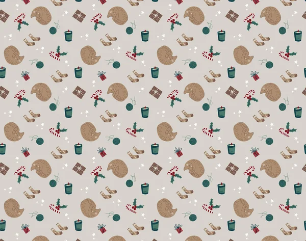 Kusursuz, rahat bir Noel deseni. Süsler, şekerler, hediyeler, kış çorapları, mum, kedi, iplik. İskandinav tarzı el çizimi.