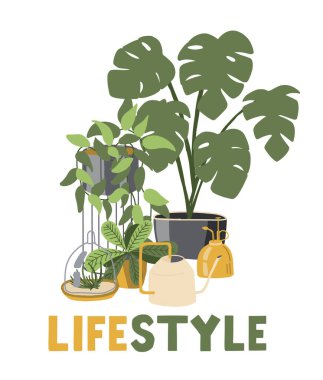 Hayat tarzını yazdır. Elementler: canavar, bitkiler için sulama kutusu, teraryumdan tilandaya, metin. Hobiler, moda ev dekorasyonu, bitkilerle ilgilenmek. Yeşil bitkiler. Orman tarzı ev. Vektör illüstrasyonu.