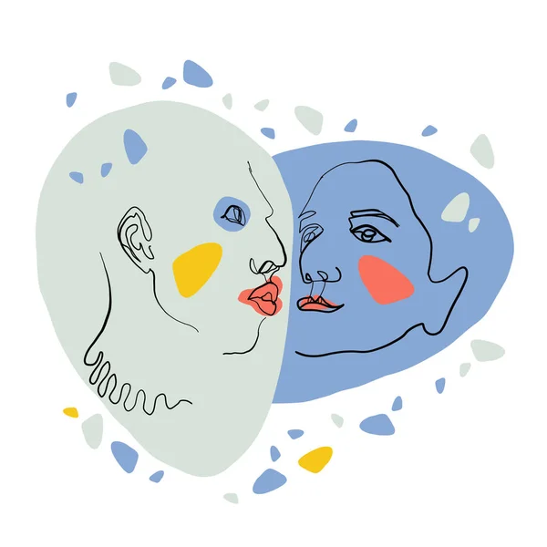 La gente si bacia. Cartolina della comunità LGBT. Linea art. Blu. Disegno facciale. Ritratto contemporaneo. Uomini o donne. Design creativo per app di social media. Minimo vettore semplice. Cartolina cardiaca. — Vettoriale Stock