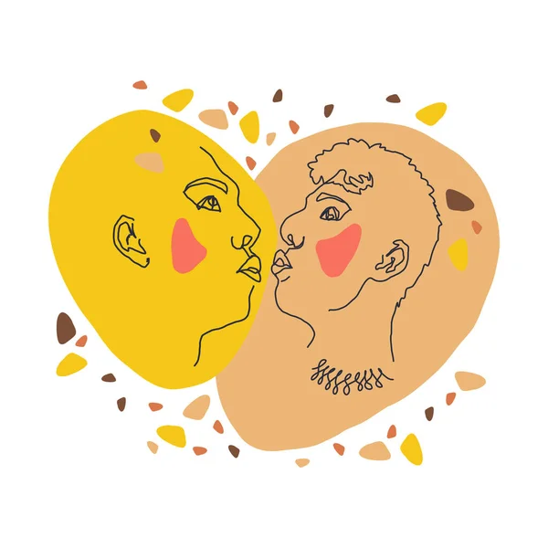 İnsanlar öpüşür. LGBT topluluğunun kartpostalı. Çizgi çalışması. Sarı. Yüz çizimi. Çağdaş portre. Erkek ya da kadın. Sosyal medya uygulamaları için yaratıcı tasarım. Asgari basit vektör. Kalp kartı.