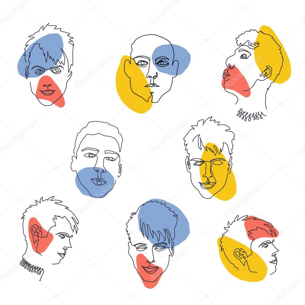 Set of face men. Line art and abstract spots. Red, blue, yellow. Face drawing. Contemporary portrait. Portrait male. Creative design for social media apps. Minimal simple vector. 