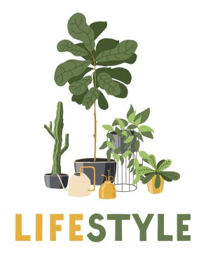 Hayat tarzını yazdır. Elementler: kaktüs, liana, Euphorbia, bitkiler için sulama kutusu, metin. Hobiler, moda ev dekorasyonu, bitkilerle ilgilenmek. Yeşil bitkiler. Orman tarzı ev. Vektör illüstrasyonu.