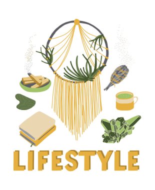 Yaşam Tarzı Yazdır. Koleksiyon elementleri: Bitkiler, kristal, guaj, palo santo, aromaterapi, metin. Hobiler, moda ev dekorasyonu. İzole elementler. Vektör çizimi. Kalın tip.