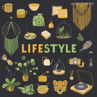 Baskı yaşam tarzı. Koleksiyon elemanları: rüya kapanı, makrome, bitkiler, kristal, kitap, fotoğraf, leopar, plak çalar, guaj, adaçayı, aromaterapi, metin. Hobiler, moda ev dekorasyonu. Vektör illüstrasyonu.