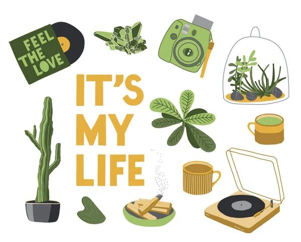 Collection Elements: plants, crystal, photo, record player, gouache, palo santo, aromatherapy, text. Print song phrase its my life. Hobbies, trendy home decor. Vector illustration. Bold type. Royalty Free Stock Illustrations
