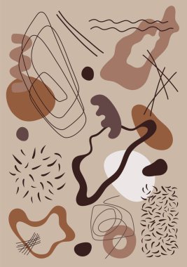 Poster, duvar kâğıdı, medya çerçevesi için dünyevi soyut şekiller. Düzenlenebilir kompozisyon. Çizgi, nokta, düzlemde şekil. İç mekan için gerçeküstü bir tablo. Psikoloji, kozmetoloji, sanat.