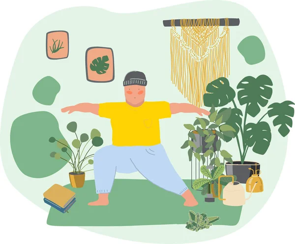 Yoga her an tecrit altında olabilir. Evinde yoga yapan şişman bir genç adam. Evde kal. Yaşam tarzı. Vücut pozitif. Yetiştirme evi. Sarı, yeşil çizim. Vücut konseptini sevdim..