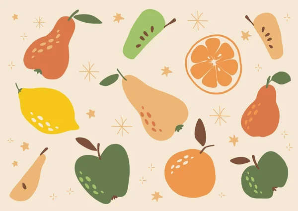 Soyut meyve koleksiyonu. Elma, armut, limon ve greyfurt bileşimi. Modern tarzda vegan için sağlıklı besinler, renkli meyve seti. Yaz vitaminleri