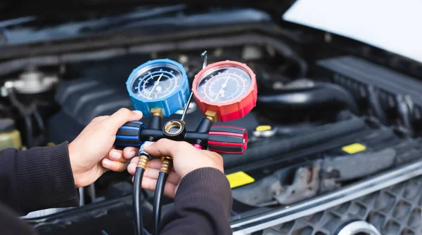 Servicio Comprobación Del Aire Acondicionado Del Coche Detección Fugas Llenado — Foto de Stock