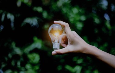 El ele tutuşmak ampul, doğal enerji ve dünya konseptini sevmek.