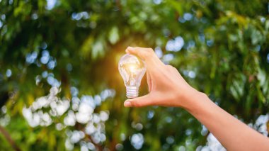 El ele tutuşmak ampul, doğal enerji ve dünya konseptini sevmek.