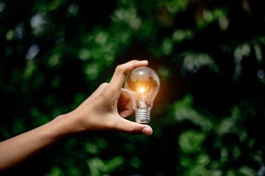 El ele tutuşmak ampul, doğal enerji ve dünya konseptini sevmek.