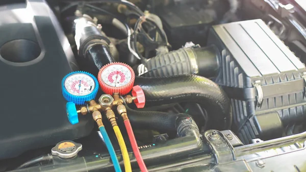 Servicio Comprobación Del Aire Acondicionado Del Coche Detección Fugas Llenado —  Fotos de Stock