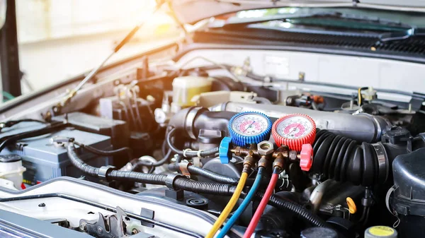 Servicio Comprobación Del Aire Acondicionado Del Coche Detección Fugas Llenado —  Fotos de Stock