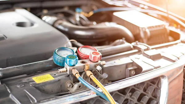 Servicio Comprobación Del Aire Acondicionado Del Coche Detección Fugas Llenado —  Fotos de Stock