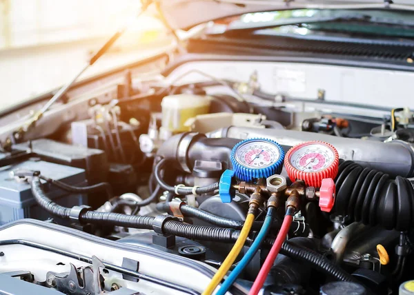 Servicio Comprobación Del Aire Acondicionado Del Coche Detección Fugas Llenado —  Fotos de Stock