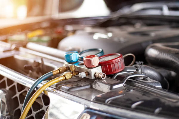 Servicio Comprobación Del Aire Acondicionado Del Coche Detección Fugas Llenado —  Fotos de Stock