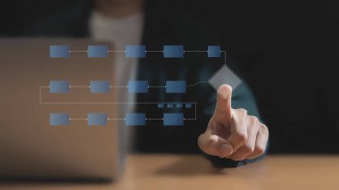 Management concept, planning, systematizing business processes and workflow automation with flowcharts, organizational hierarchy plans and process management.