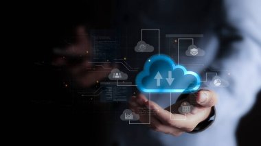 Elle bulut teknolojisi veri depolama, veri transferi, ağ ve internet servis kavramında gösterilen bulut hesaplaması