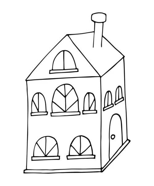 Уютный Дом Стиле Каракулей Монохромный Красивый Дом Нарисованный Вручную Дудл — стоковый вектор