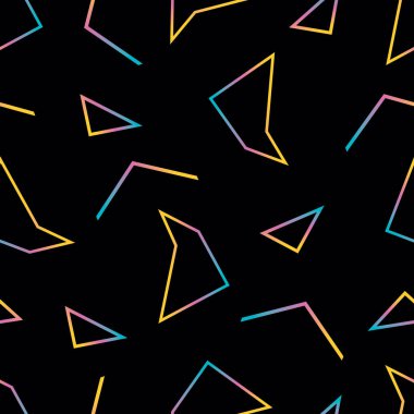 Soyut geometrik dipsiz desen, gradyan çokgenler ve siyah arkaplan üzerindeki geometrik şekiller, parlak eğimli elementlerle karanlık vektörsüz desen