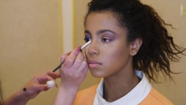 Artista Maquiagem Profissional Faz Maquiagem Para Modelo Afro Americano Atraente — Vídeo de Stock