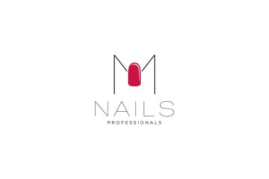 M harfi Nails logosu. Güzellik endüstrisi, manikür, manikür, butik, kozmetik işlemleri için vektör simgesi iş şablonu.