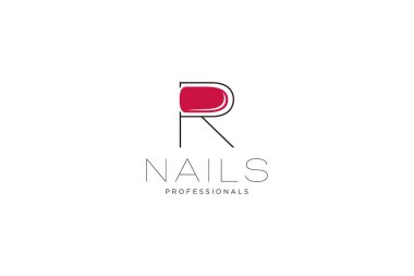 R harfi ve Nails logosu. Güzellik endüstrisi, manikür, manikür, butik, kozmetik işlemleri için vektör simgesi iş şablonu.