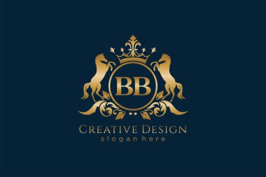 Daire ve iki atlı BB Retro altın arması, parşömenli rozet şablonu ve kraliyet tacı - lüks markalaşma projeleri için mükemmel.