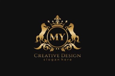 Retro altın armam, çemberli ve iki atlı, rozet şablonlu parşömenler ve kraliyet tacı - lüks markalaşma projeleri için mükemmel.