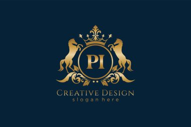 Daire ve iki atlı PI Retro altın arması, parşömenli rozet şablonu ve kraliyet tacı - lüks markalaşma projeleri için mükemmel.